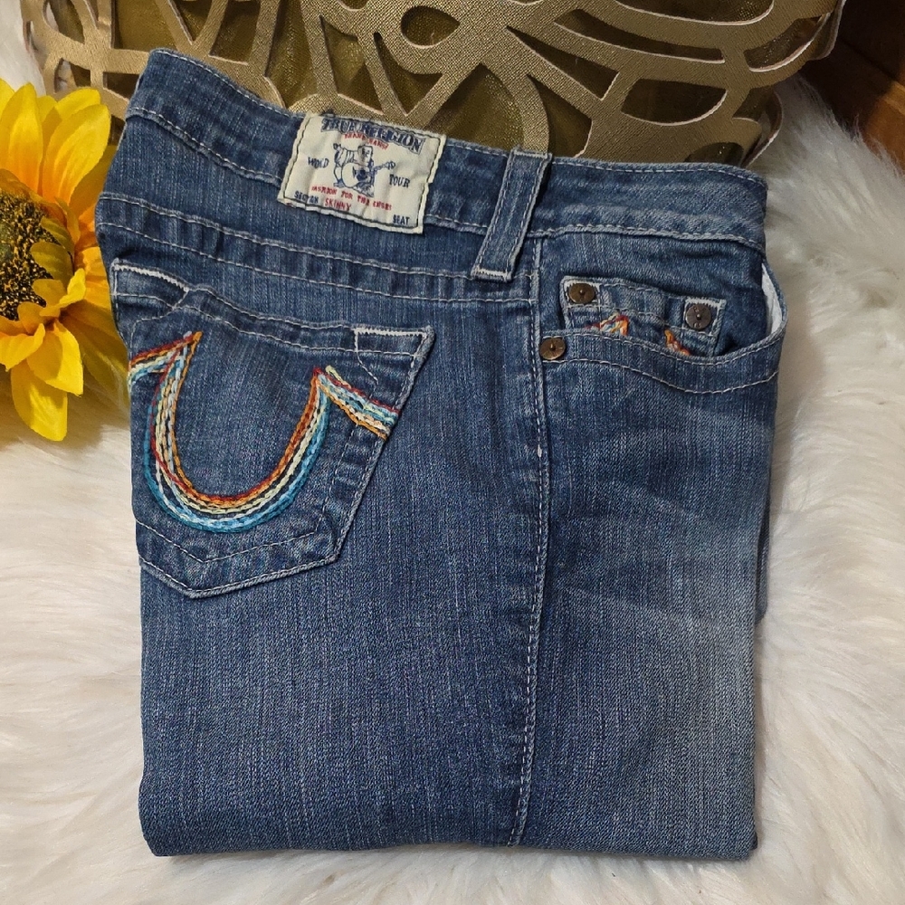 True Religion Women's Boot Cut Jeans - Blue with Multicolor Stitching